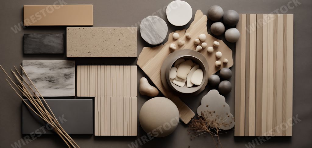 An AI generated wall wooden elements for interior design with mood boards and gray warm color tones