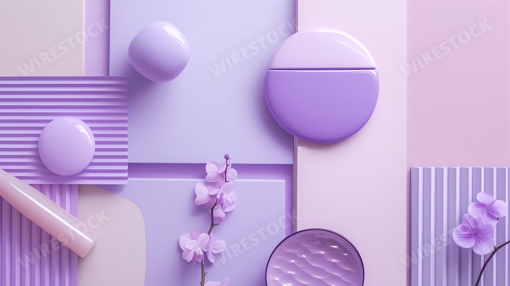 interior design moodboard - material collage, purple pastel color tones - AI generated image