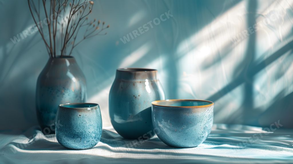 pottery photography - studio composition, white and blue colors - AI generated digital art