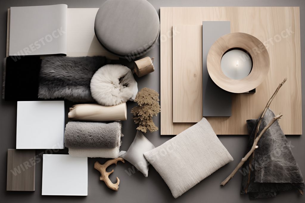 An AI generated wall wooden elements for interior design with clothes mood boards and gray color tones