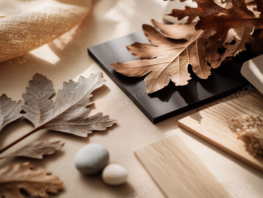 AI generated image - interior design moodboard with natural materials and leaves in beige colors