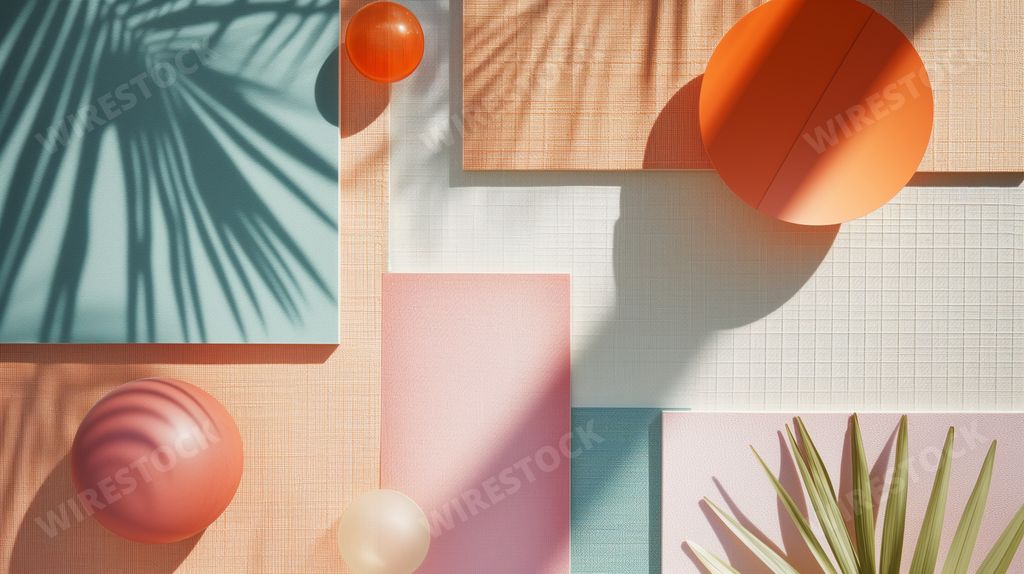 interior design moodboard - material collage. warm pastel summer vibe color tones - AI generated image