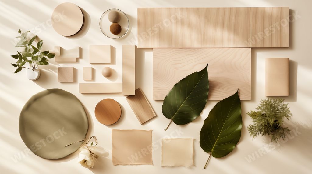 AI generated image - interior design moodboard with natural materials and leaves in beige colors