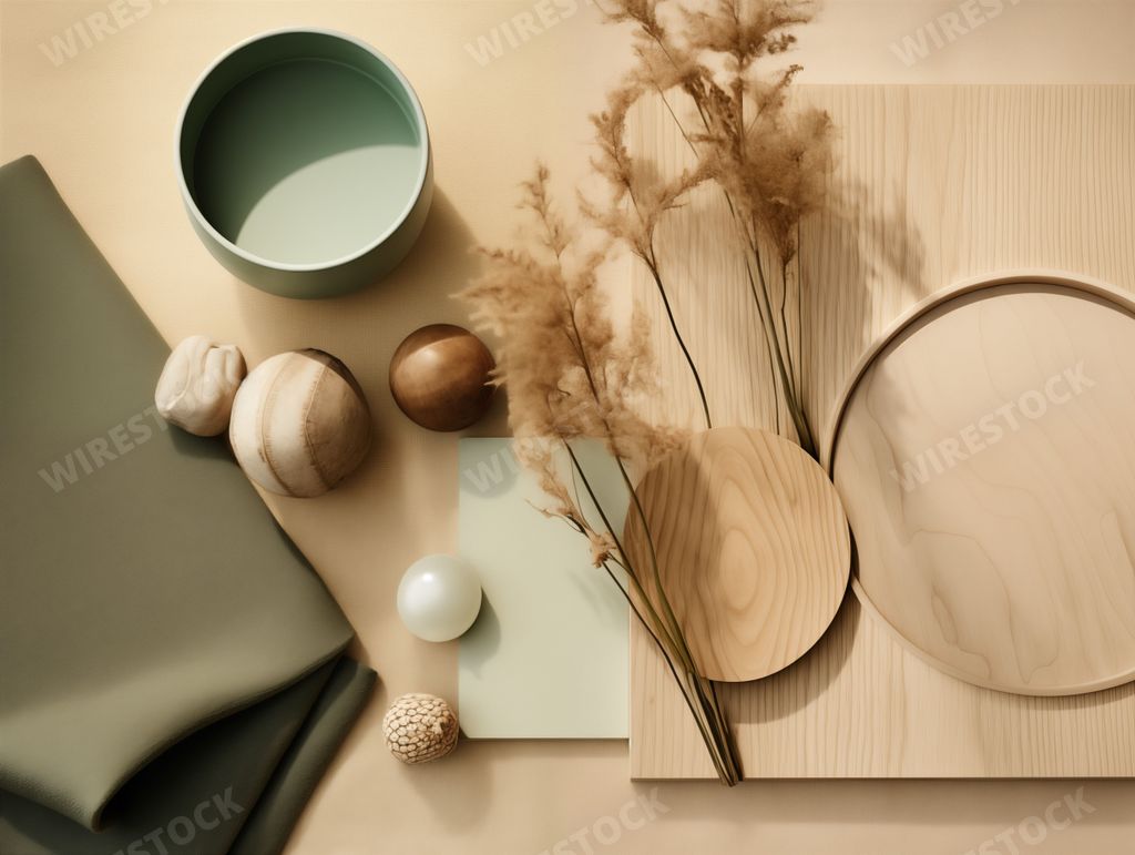 AI generated image - interior design material moodboard with natural materials and leaves
