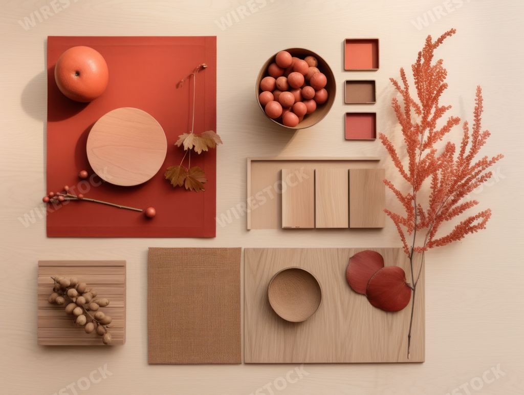 An AI generated illustration of a simple moodboard inspiration design in a brown red color palette