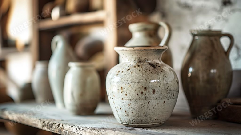 pottery photography - studio composition, white and beige colors - AI generated digital art