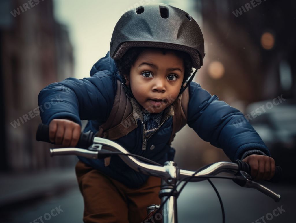 An AI generated illustration of a young child cycling through the city wearing a protective helmet for safety