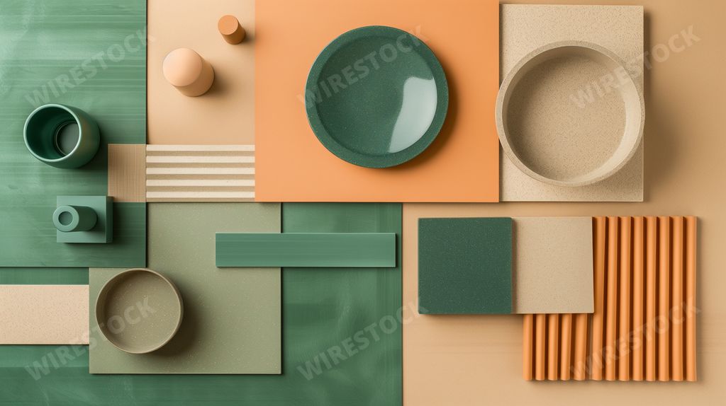 interior design moodboard - material collage, trend inspiration, natural materials, green and sand color tones - AI generated image