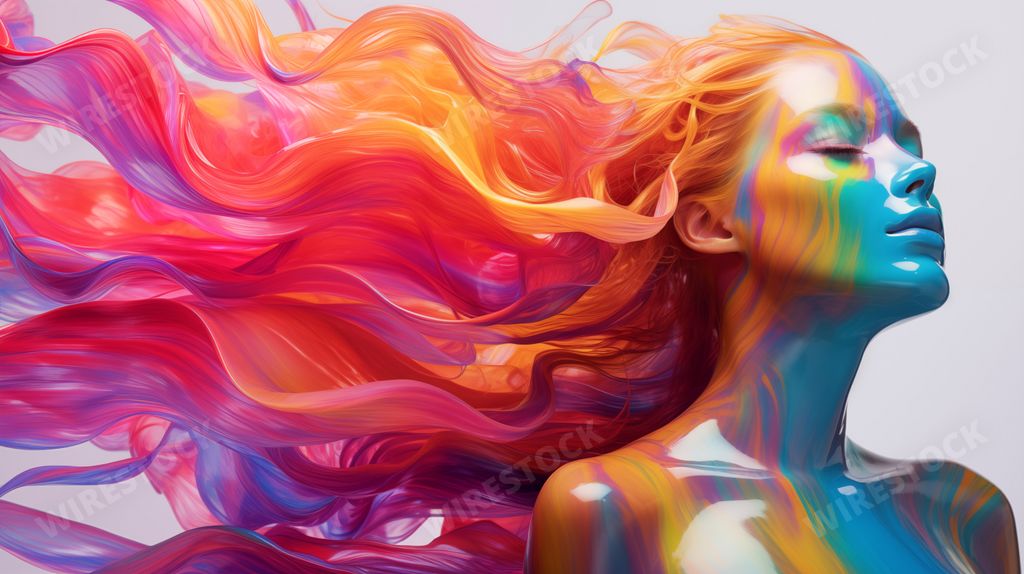 artistic composition of a woman in orange color tones - glossy surfaces - AI generated image