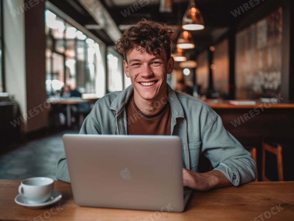 A cheerful man sitting at a desk working on a laptop computer - Ai generated