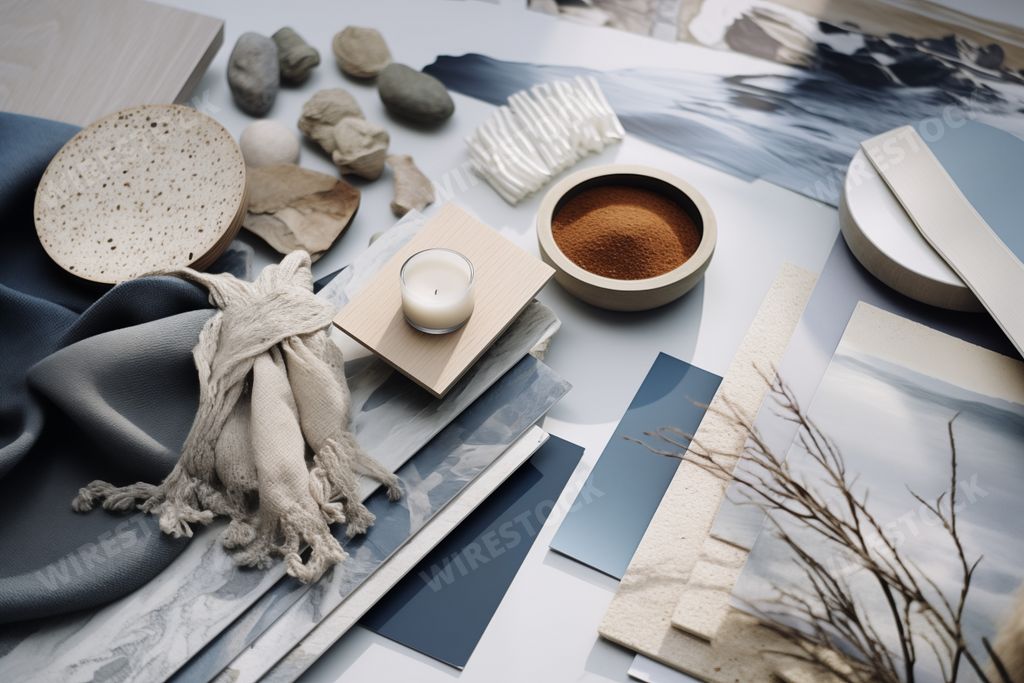 AI illustration of an interior design moodboard - material collage for inspiration and creativity, natural materials, blue-grey color tones
