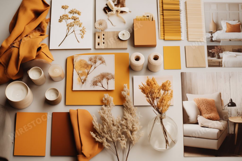 interior design moodboard for inspiration and creativity, with natural materials, warm color tones - AI generated image