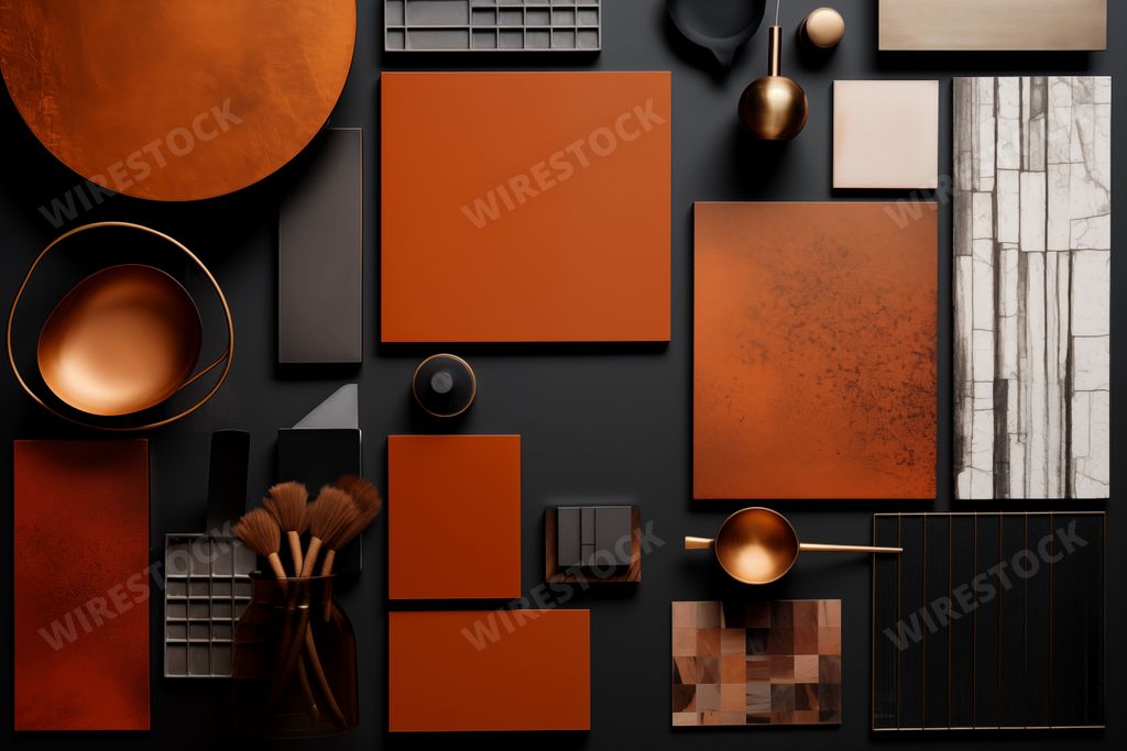interior design moodboard - material collage, colors black brown rust and gold,