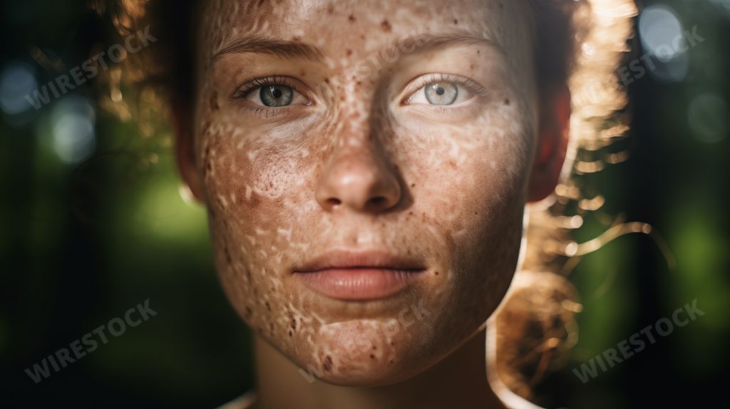 A portrait photography of a woman with skin disorder in natural light - AI generated image