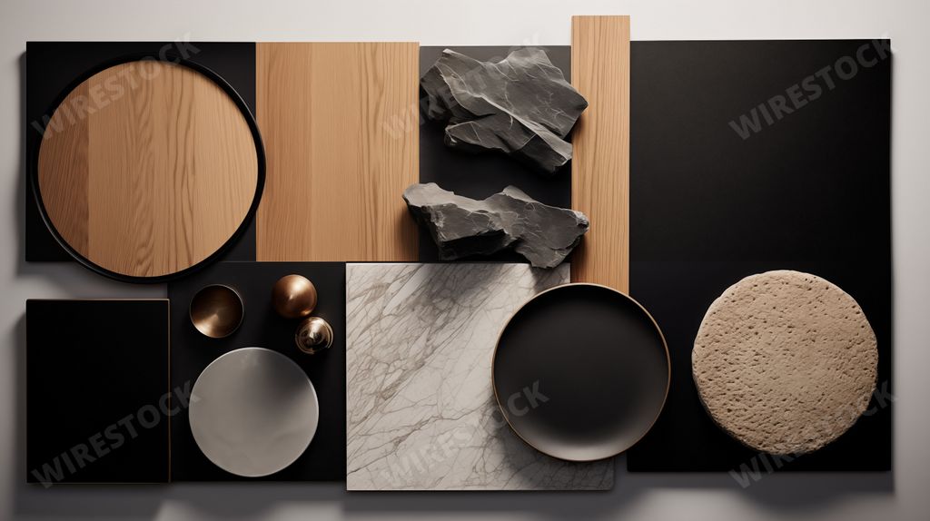 AI generated image - interior design material moodboard with natural materials combined with black colors