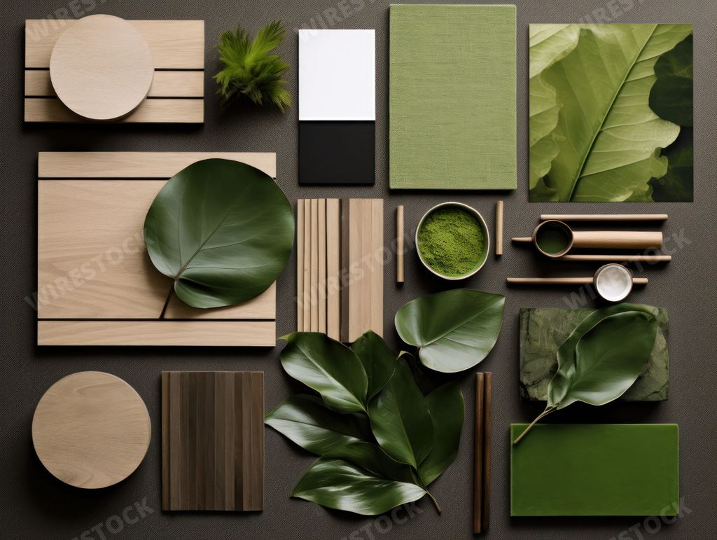 An AI generated illustration of a simple moodboard inspiration design in a green brown color palette