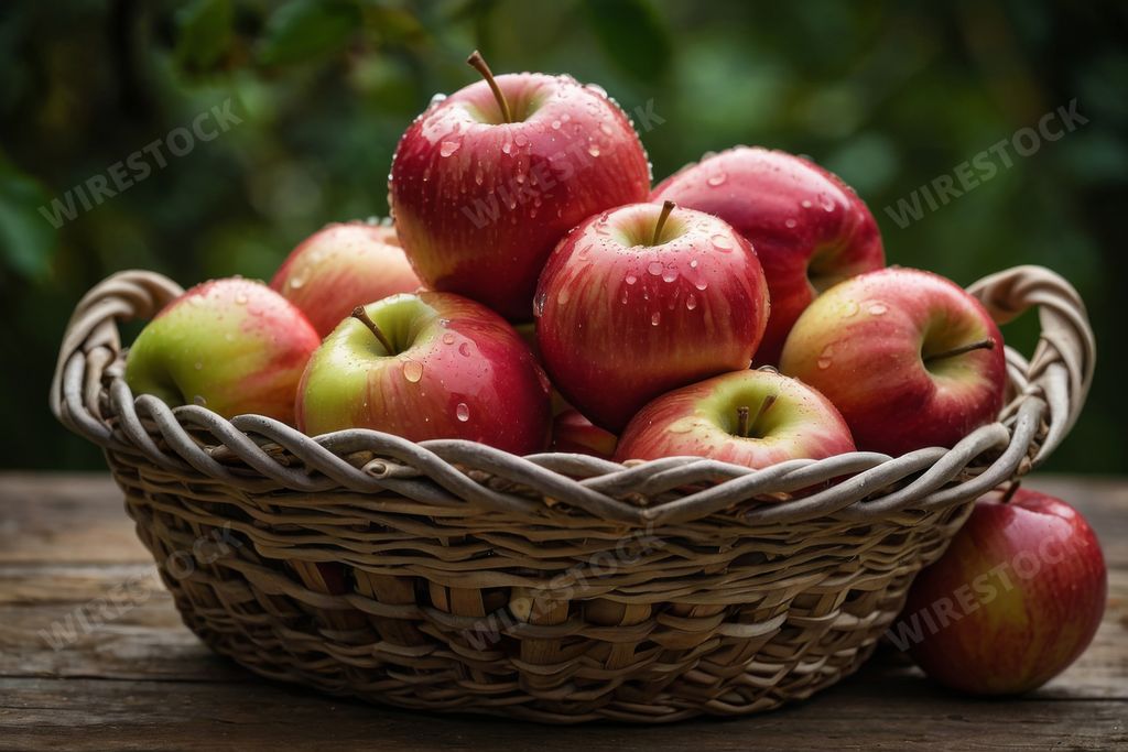 An AI generated illustration of a basket of fresh apples in waterdrops