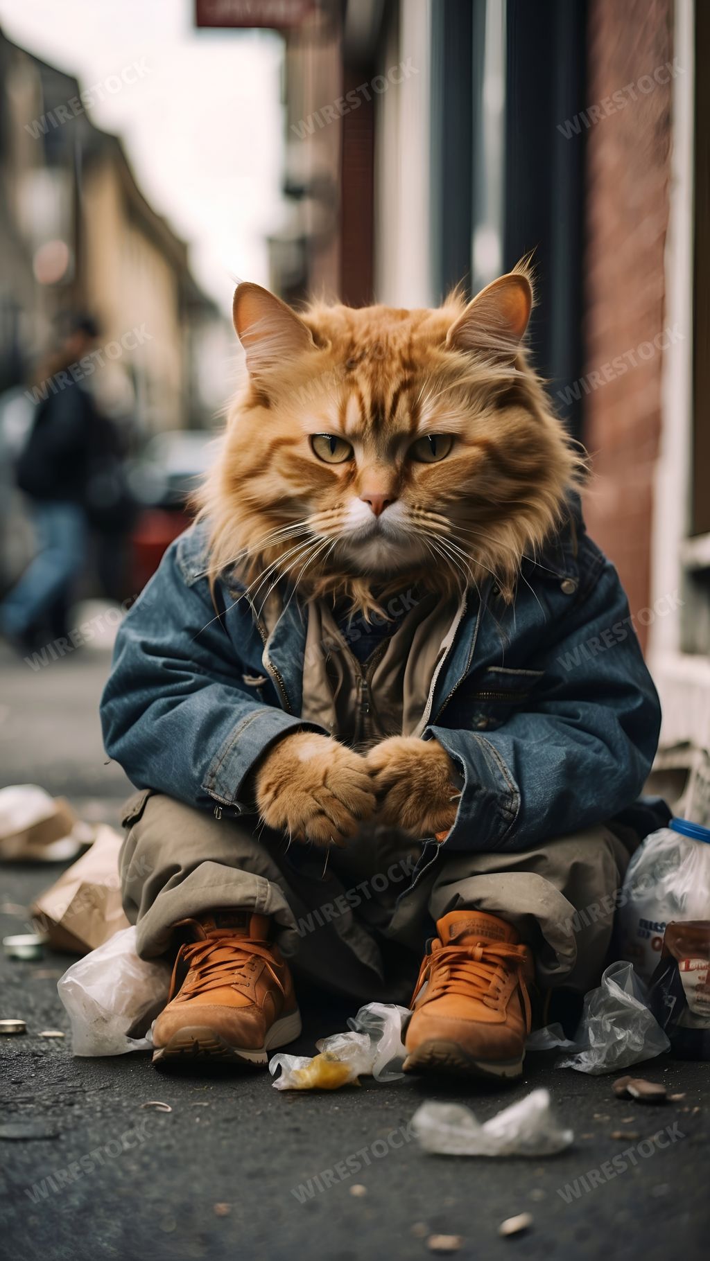 An AI generated illustration of an adorable orange cat wearing a stylish jacket, sitting on the street