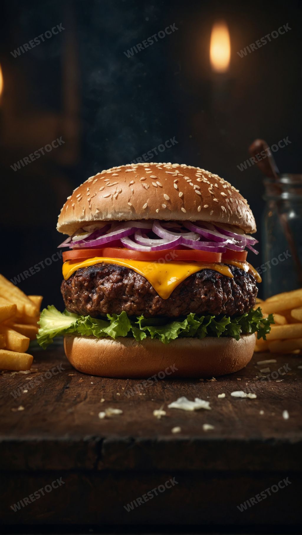 An AI generated illustration of a juicy burger on the table