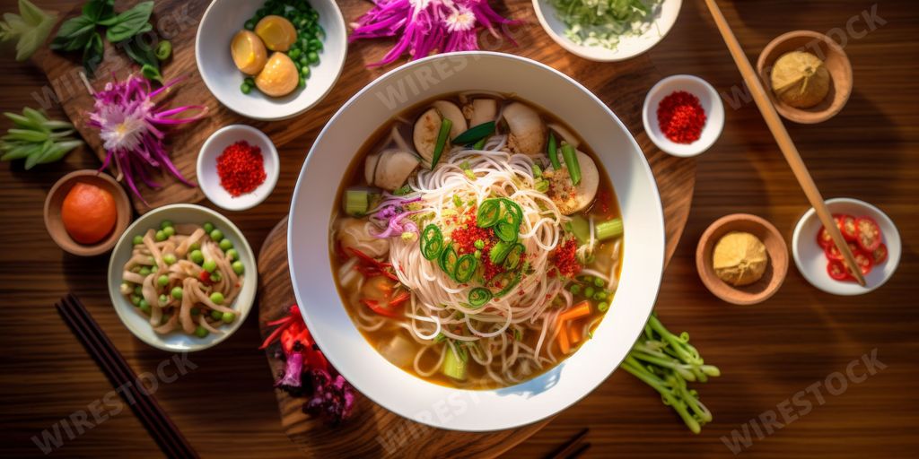 An AI generated illustration of A vibrant bowl of Asian noodle soup garnished with fresh vegetables and spices