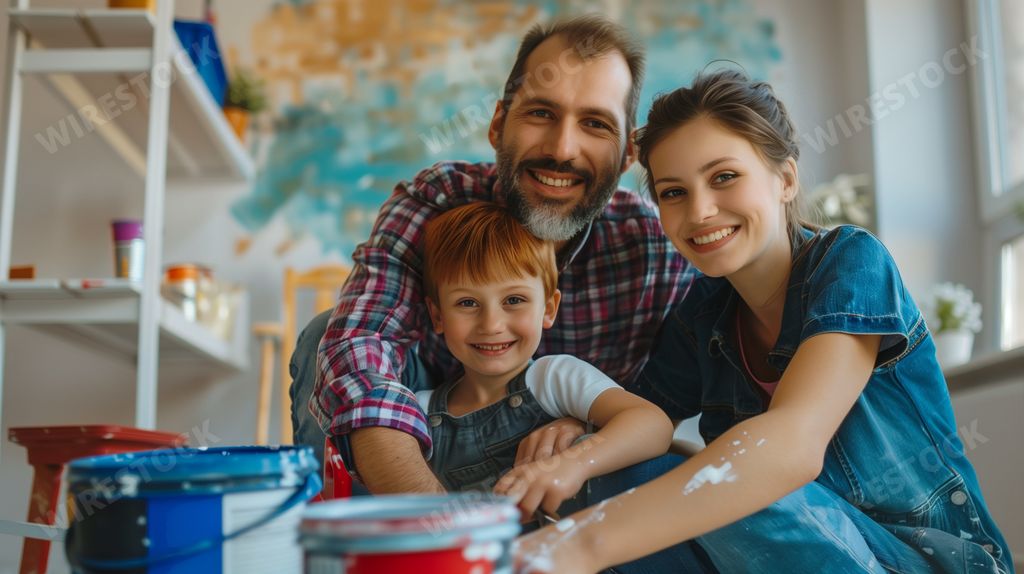 An AI generated illustration of a joyful family renovating their home together