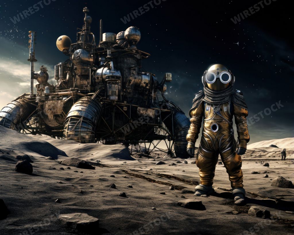 AI-generated image of Steampunk-astronauts in a functioning lunar station, overcoming the challenges of launching a steam engine in a vacuum.