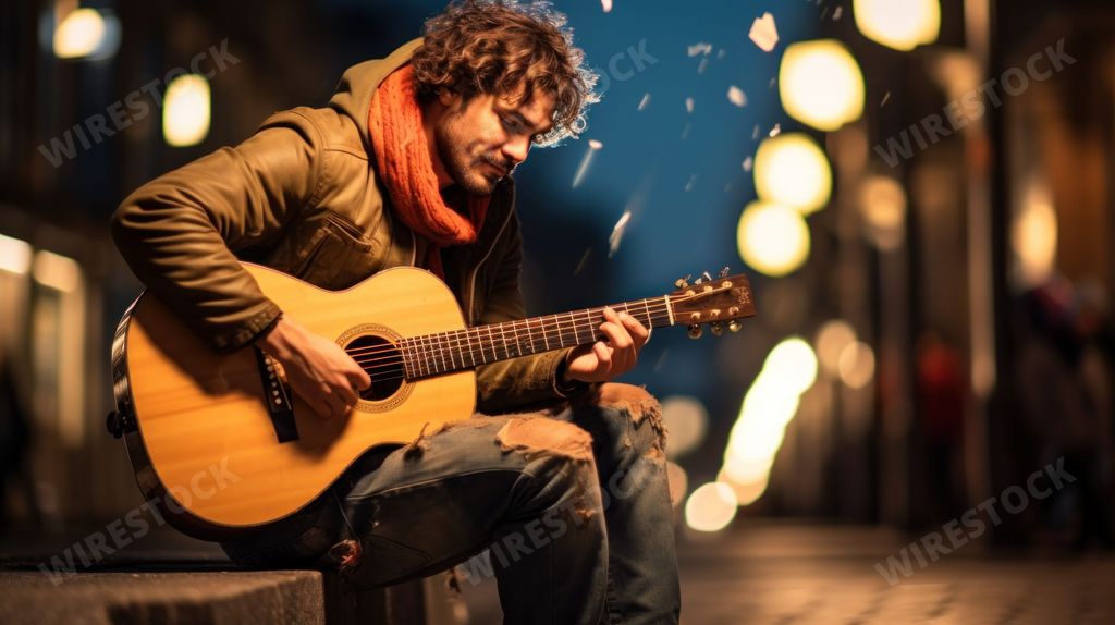 AI-generated photo of a street musician engrossed in his guitar melody