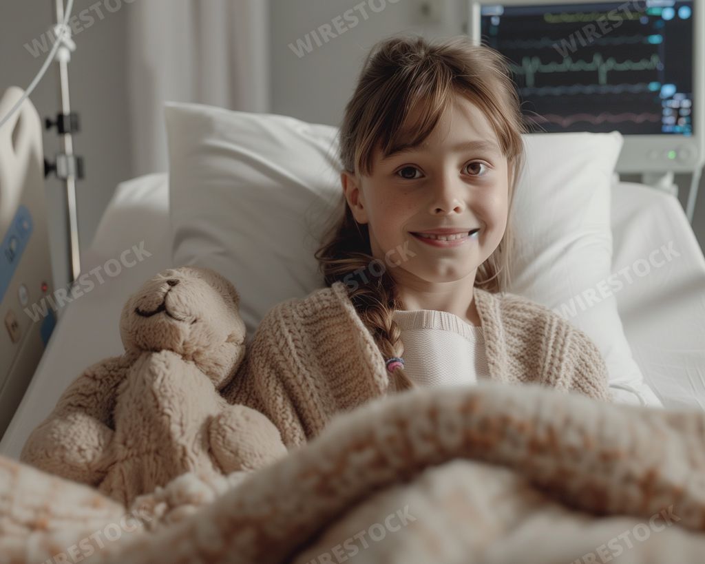 An AI generated illustration of a young girl in a hospital bed with a blanket and teddy bear