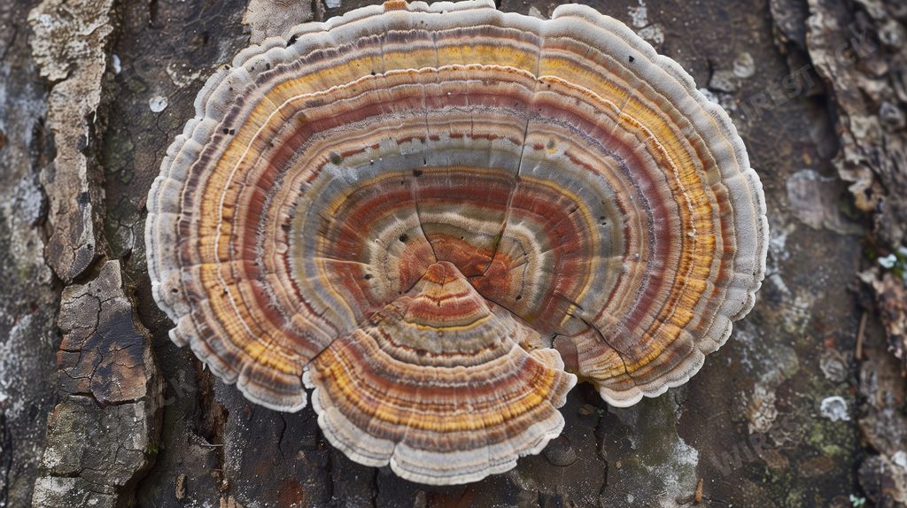 An AI generated illustration of trametes versicolor fungus, turkey tail, on tree trunk