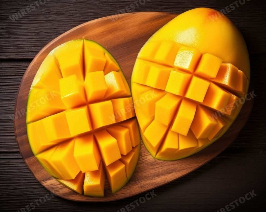An AI generated illustration of a ripe, golden mango cut into two halves