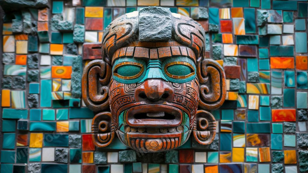 An AI generated illustration of an Aztec ceremonial mask, with intricate and colorful mosaics