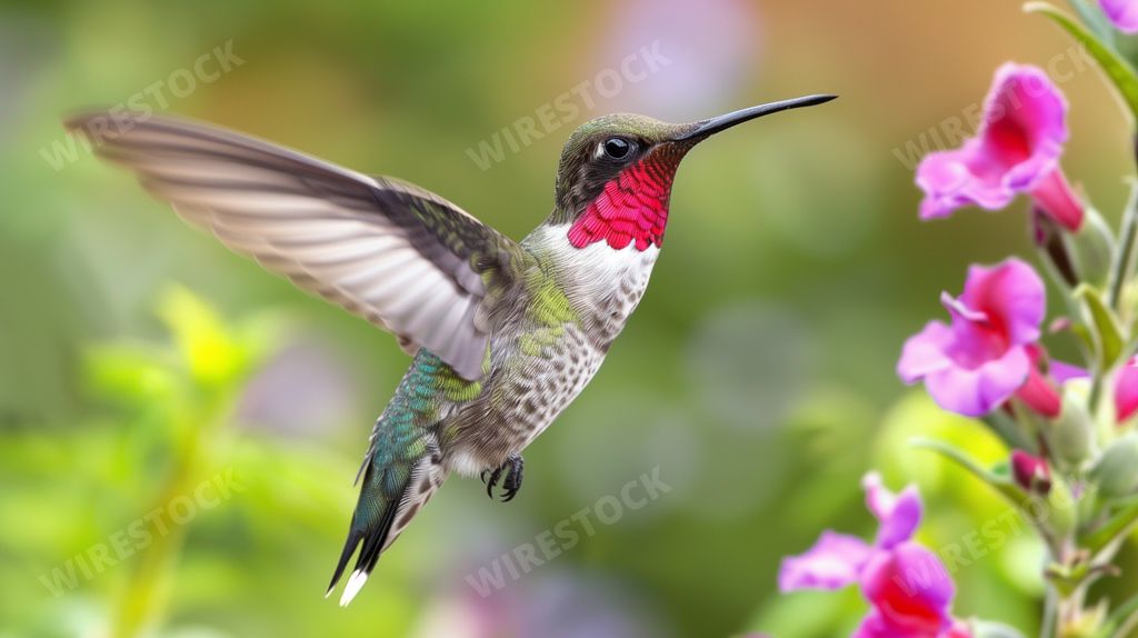 An AI generated illustration of a hummingbird hovering in mid-air, its rapid wingbeats creating a blur as it approaches vibrant flowers for nectar