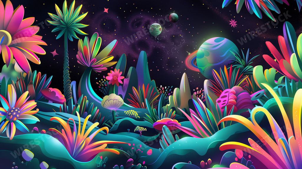 An AI generated illustration of imaginative leap into a vector-art planetscape where neon-hued alien flora bloom under starry skies