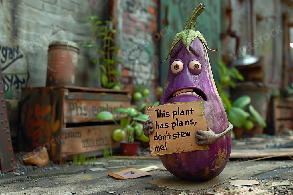 An AI generated illustration of a funny eggplant with a "This plant has plans" sign