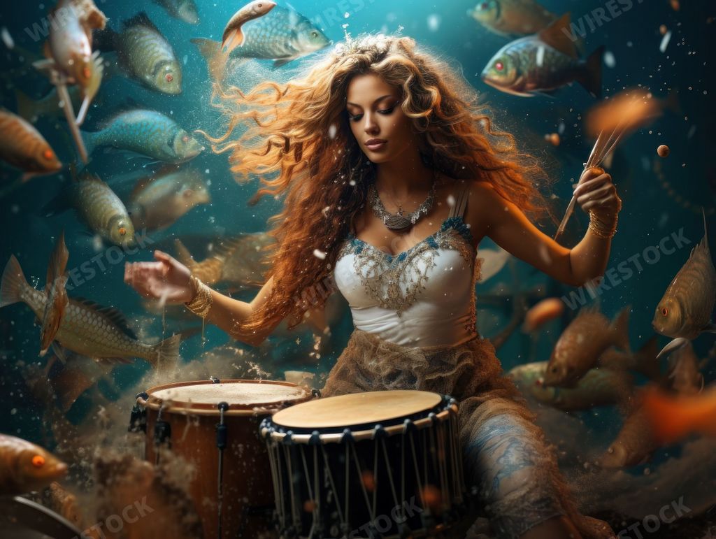 An AI-generated illustration of A young woman sitting with a hand drum on a beach near the ocean
