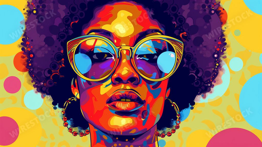 An AI generated illustration of a vibrant pop art portrait from the '70s era with bold colors