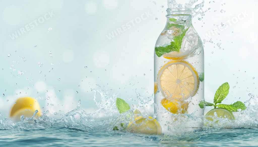 An AI-generated illustration of a bottle of water infused with fresh lemon slices and mint leaves