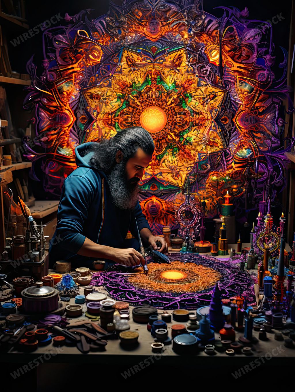 AI-generated artwork showcasing a man creating complex mandala intricately woven with vibrant threads, capturing a myriad of colors in perfect harmony