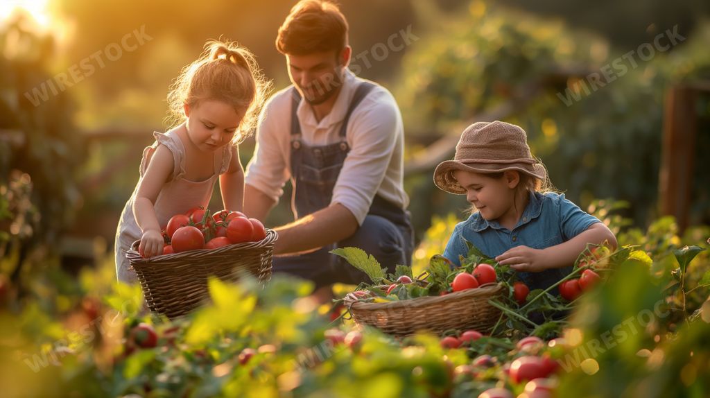 An AI generated illustration of a family joyfully harvesting crops in a sunlit field