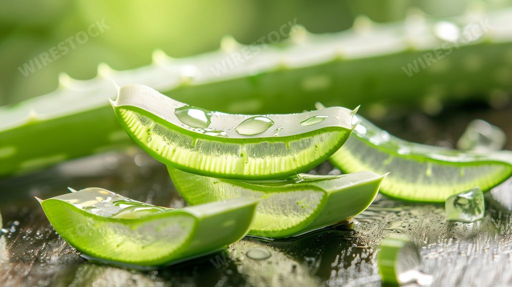An AI generated illustration of sliced aloe vera, glistening with healing gel, poised on a watery surface