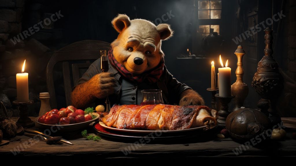 Evil Winnie the Pooh relishes roast pig. The image portrays dark, sinister atmosphere, capturing the malevolent transformation of a beloved character.