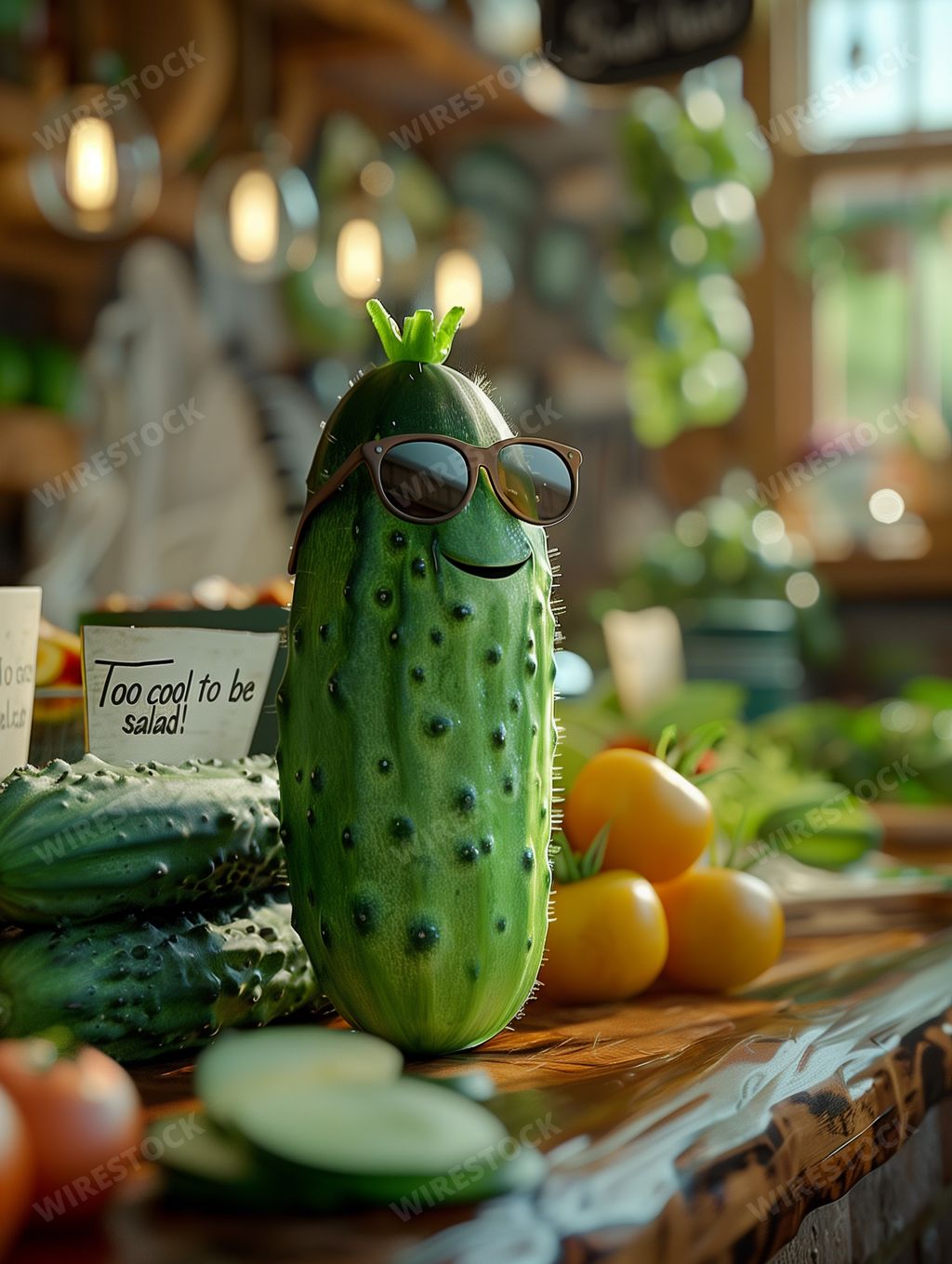 An AI generated illustration of a cool pickle wearing sunglasses near a funny sign