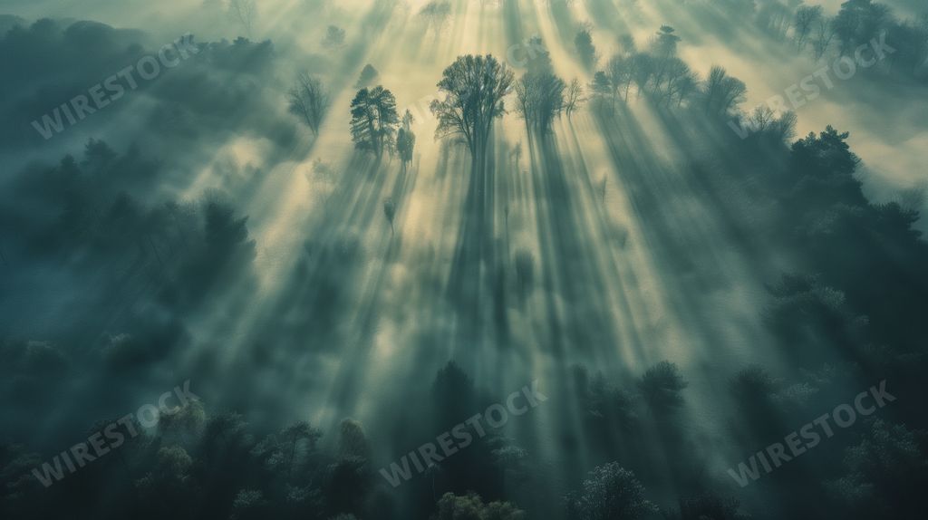 An AI generated illustration of sunbeam shining through misty forest