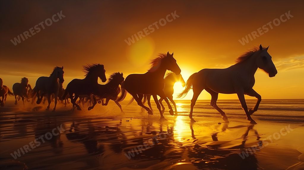 An AI generated illustration of a herd of wild horses galloping across a serene beach at sunset