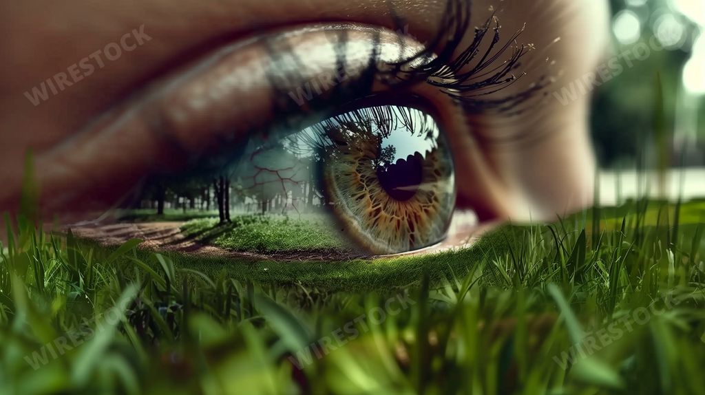 A hyper-realistic eye gazes through a surreal meadow, an optical illusion where the serenity of nature intersects with the depths of human perception
