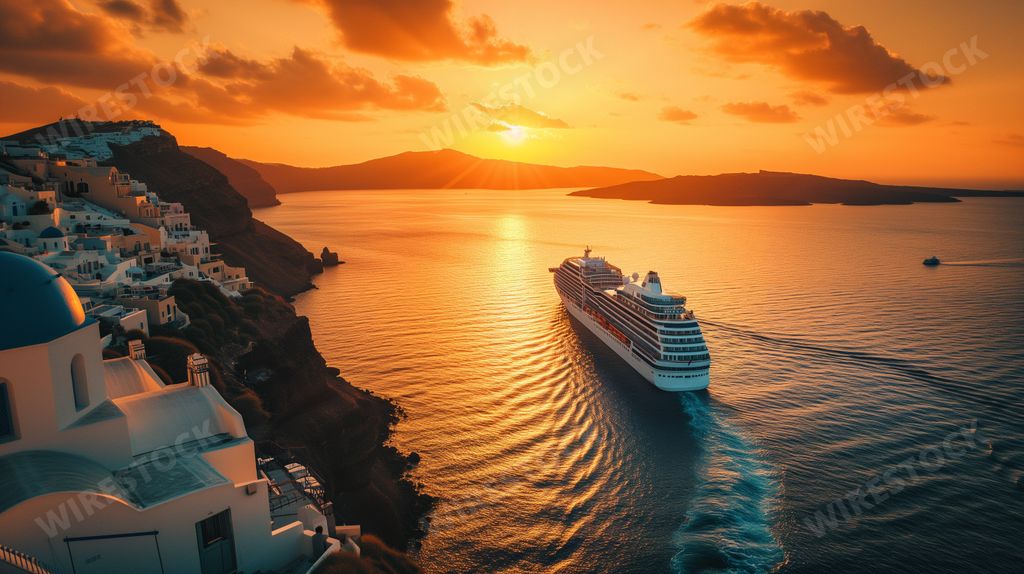 An AI generated illustration of a majestic cruise ship entering the harbor of Santorini, Greece during golden hour
