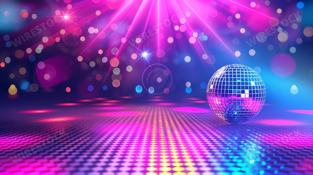 An AI generated illustration of a quintessential 1970s disco dance floor, with a radiant mirror ball