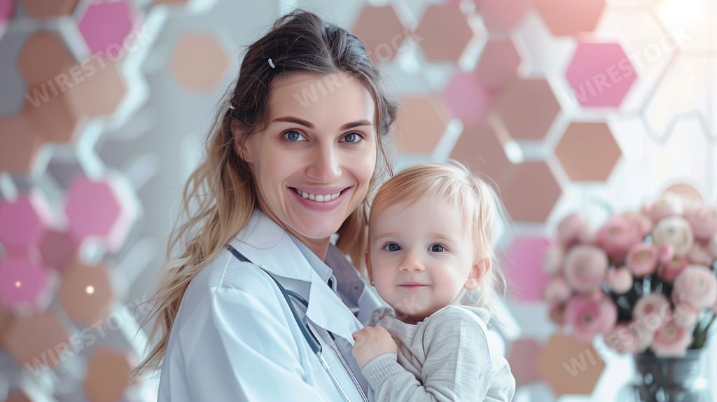 An AI generated illustration of a female doctor cradling a baby
