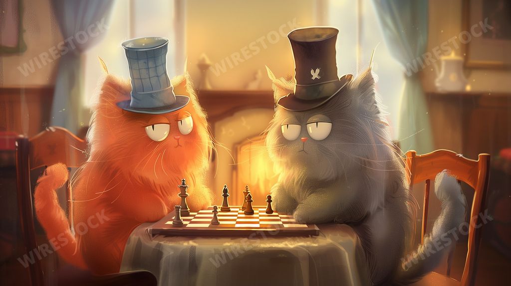 An AI generated illustration of Two cats in hats play chess at a table