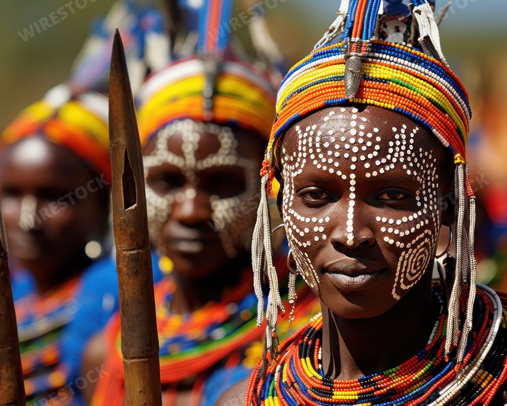 An AI-generated illustration of a group of African tribal people wearing traditional beads and makeup